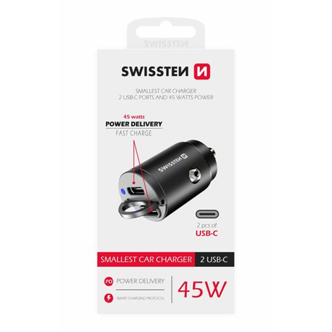Swissten Autolader - 2 USB-C - 45W - Snel opladen