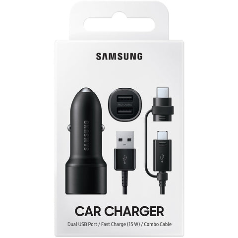 Samsung Fast Charging Dual USB Port Car Charger (15W) + Combo USB Cable EP-L1100WBEGEU - Black