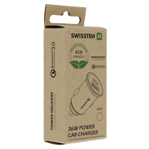 Swissten 2.4A Power Delivery (36W) Car Charger - 20111760ECO - With USB-A & USB-C Port - Eco Packing - Black