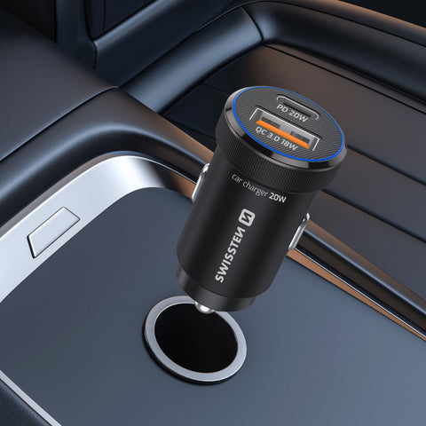 Swissten Dual USB-C & USB-A Mini Car Charger (20W) - 20111901 - Black