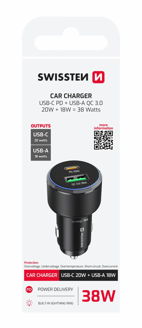 Swissten Dual USB-C & USB-A Car Charger (38W)  (38W) - 20111902 - Black
