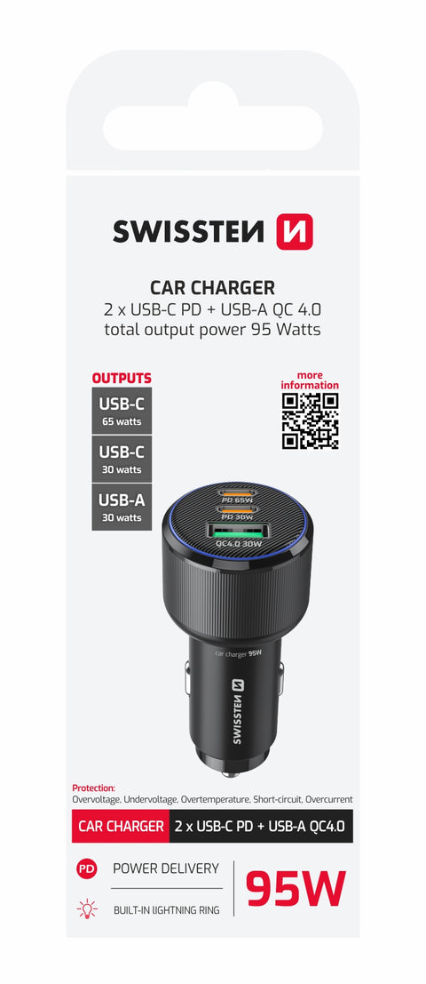 Swissten Triple USB-C And USB-A Car Charger (95W) - 20111906 - Black