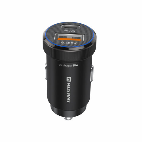 Swissten Dual USB-C & USB-A Mini Car Charger (20W) - 20111907 - With USB-C Cable - Black