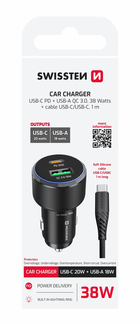 Swissten Dual USB-C & USB-A Car Charger (38W)  - 20111908 - With USB-C Cable - Black
