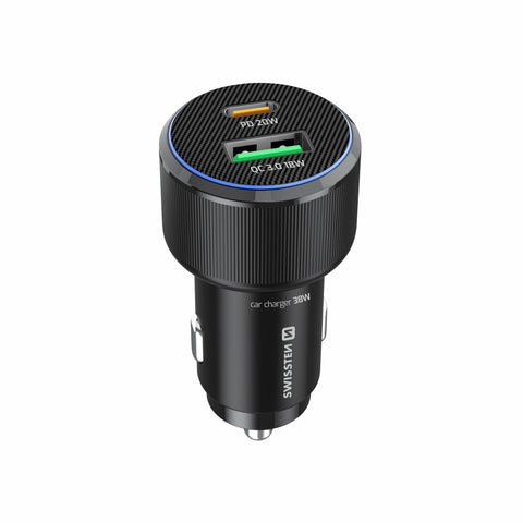 Swissten Dual USB-C & USB-A Car Charger (38W)  - 20111908 - With USB-C Cable - Black