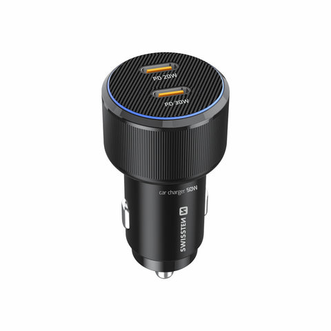 Swissten Dual USB-C Car Charger (50W) - 20111909 - With USB-C Cable - Black