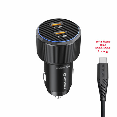 Swissten Dual USB-C Car Charger (50W) - 20111909 - With USB-C Cable - Black