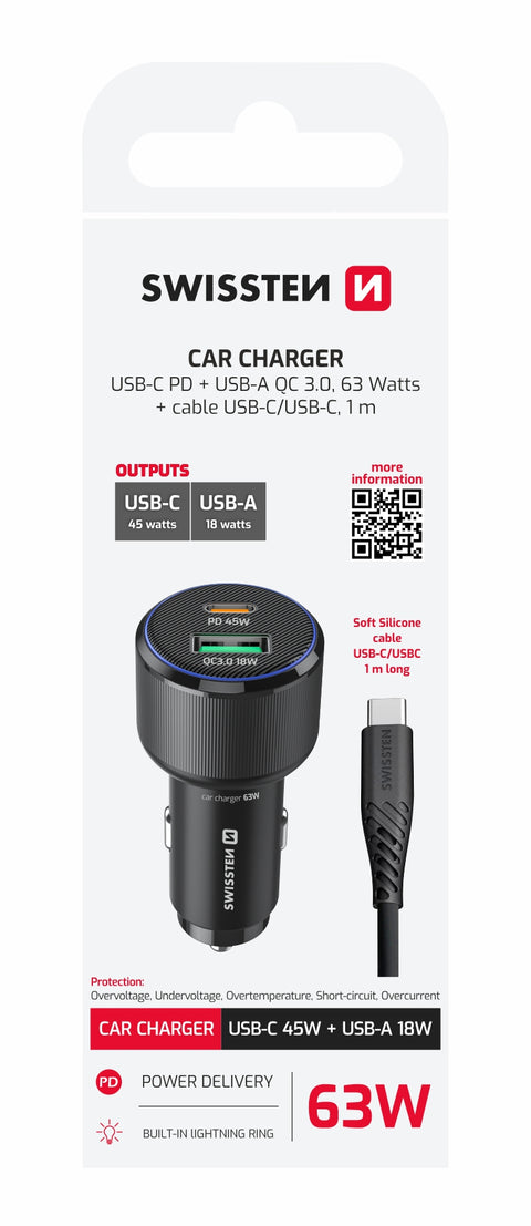 Swissten Dual USB-C & USB-A Car Charger (63W) - 20111910 - With USB-C Cable - Black