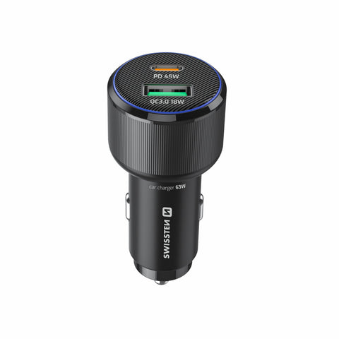 Swissten Dual USB-C & USB-A Car Charger (63W) - 20111910 - With USB-C Cable - Black