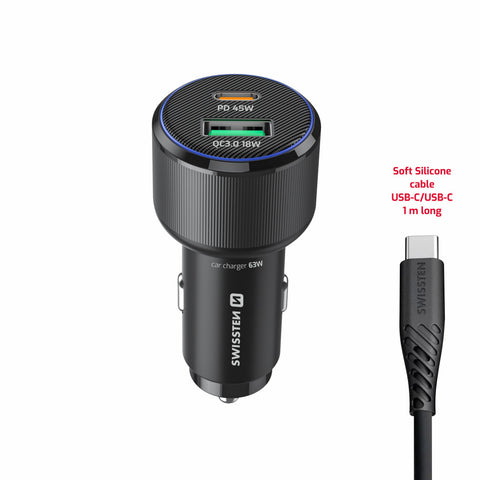 Swissten Dual USB-C & USB-A Car Charger (63W) - 20111910 - With USB-C Cable - Black