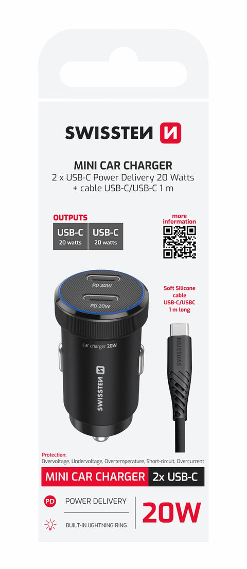 Swissten Dual USB-C Mini Car Charger (20W) - 20111911 - With USB-C Cable - Black