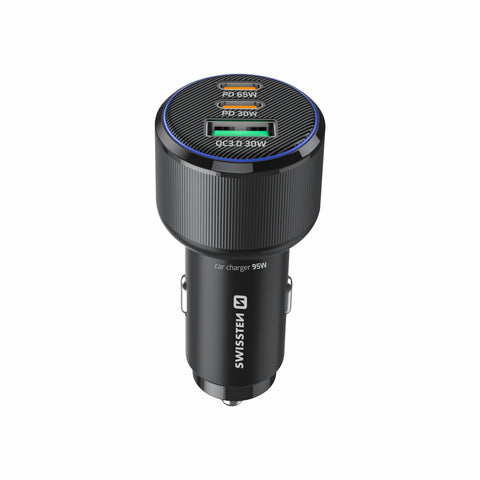 Swissten Triple USB-C And USB-A Car Charger (95W) - 20111912 - With USB-C Cable - Black