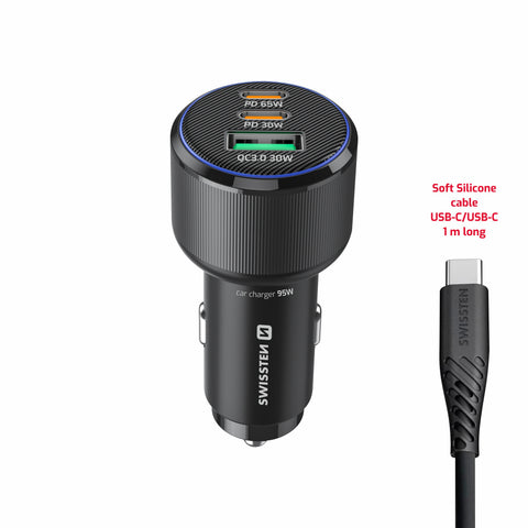 Swissten Triple USB-C And USB-A Car Charger (95W) - 20111912 - With USB-C Cable - Black