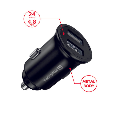 Swissten 4.8A Dual Port Car Charger - 20115000ECO - Eco Packing - Black