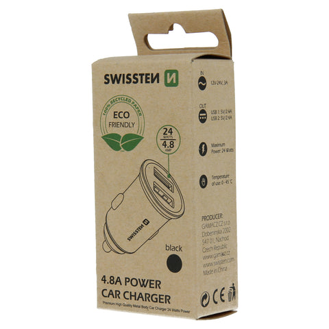 Swissten 4.8A Dual Port Car Charger - 20115000ECO - Eco Packing - Black