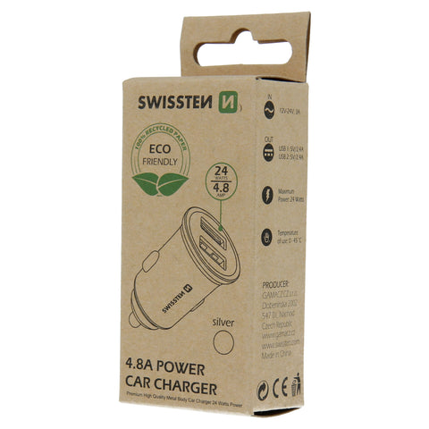 Swissten 4.8A Dual Port Car Charger - 20115100ECO - Eco Packing - Silver