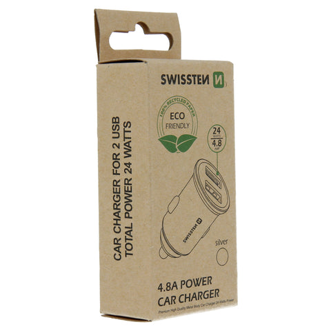 Swissten 4.8A Dual Port Car Charger - 20115100ECO - Eco Packing - Silver
