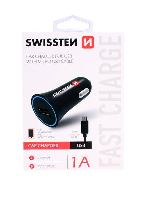 Swissten 1A Car Charger - 20110800 + Micro USB Cable - Black