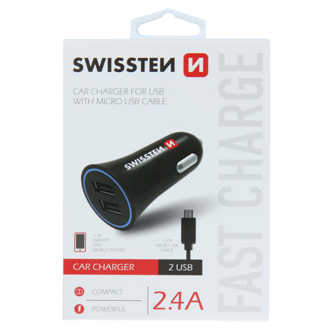 Swissten 2.4A Dual Port Car Charger - 20110900 + Micro USB Cable - Black