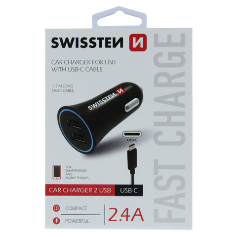 Swissten 2.4A Dual Port Car Charger - 20110908 + Type-C USB Cable - Black