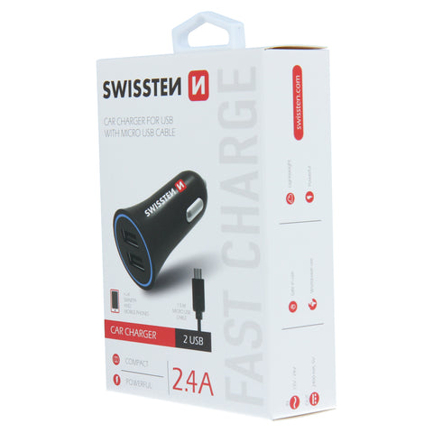 Swissten 2.4A Dual Port Car Charger - 20110900 + Micro USB Cable - Black