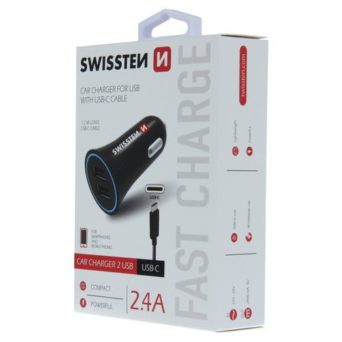 Swissten 2.4A Dual Port Car Charger - 20110908 + Type-C USB Cable - Black