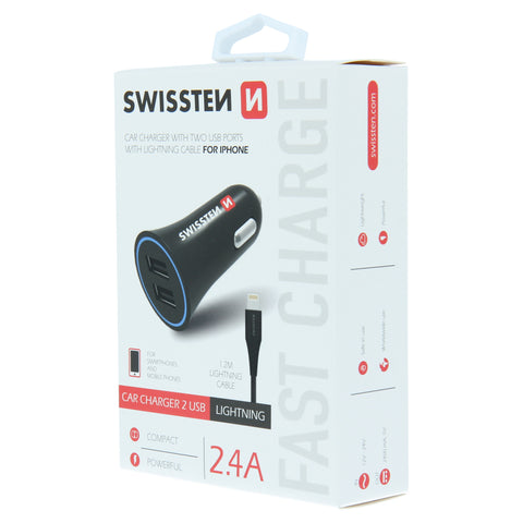 Swissten 2.4A Dual Port Car Charger - 20110910 + Lightning USB Cable - Black