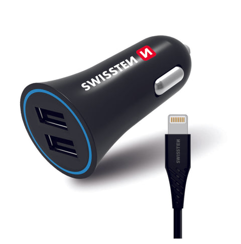 Swissten 2.4A Dual Port Car Charger - 20110910 + Lightning USB Cable - Black