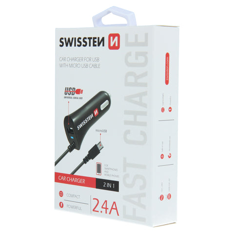 Swissten 2.4A Car Charger - 20111000 + Micro USB Cable - Black