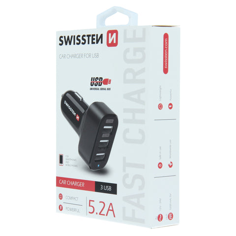 Swissten 5.2A Triple Port Car Charger - 20111200 - Black