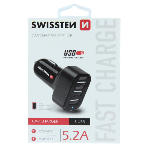 Swissten 5.2A Triple Port Car Charger - 20111200 - Black