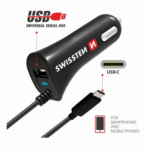 Swissten 2.4A USB-A & USB-C Car Charger - 20111500 + Type-C USB Cable - Black