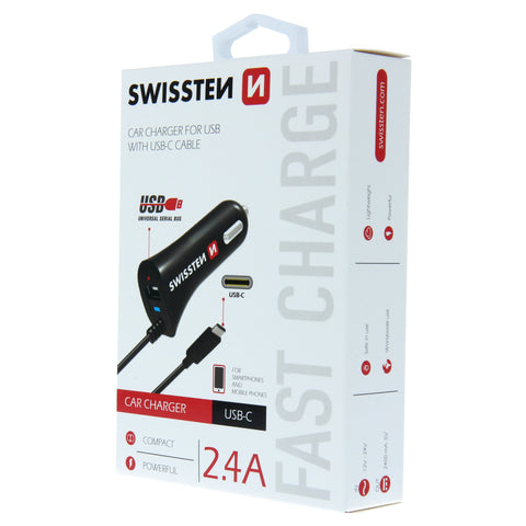 Swissten 2.4A USB-A & USB-C Car Charger - 20111500 + Type-C USB Cable - Black
