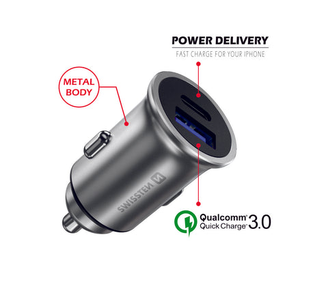Swissten 2.4A Power Delivery (36W) Car Charger - 20111740 - With USB-A & USB-C Port - Silver