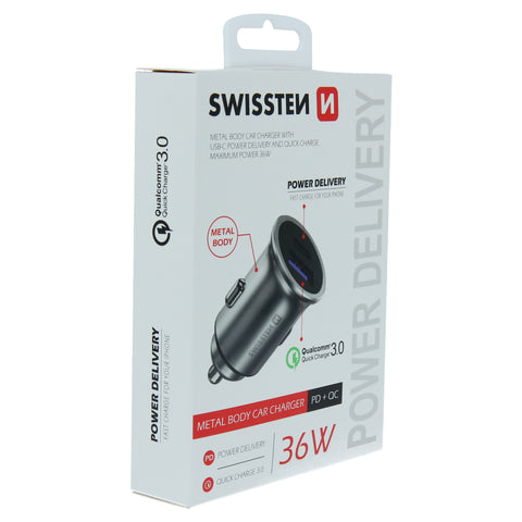 Swissten 2.4A Power Delivery (36W) Car Charger - 20111740 - With USB-A & USB-C Port - Silver