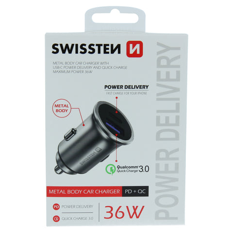 Swissten 2.4A Power Delivery (36W) Car Charger - 20111740 - With USB-A & USB-C Port - Silver