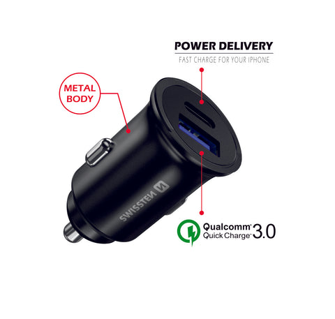 Swissten 2.4A Power Delivery (36W) Car Charger - 20111760 - With USB-A & USB-C Port - Black