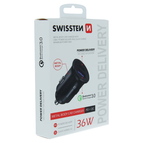Swissten 2.4A Power Delivery (36W) Car Charger - 20111760 - With USB-A & USB-C Port - Black