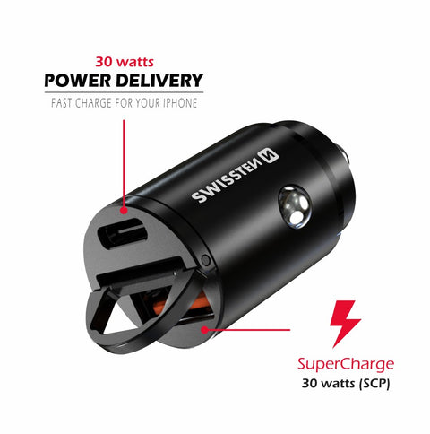 Swissten Power Delivery Car Adapter (30W) - 20111770 - With USB-A & USB-C Port