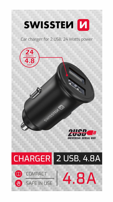 Swissten 4.8A Dual Port Car Charger - 20115000BOX - For CDU Box - Black