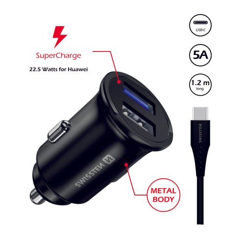 Swissten 5A SuperCharge Car Charger (32.5W) - 20116100 + Type-C USB Cable - Black