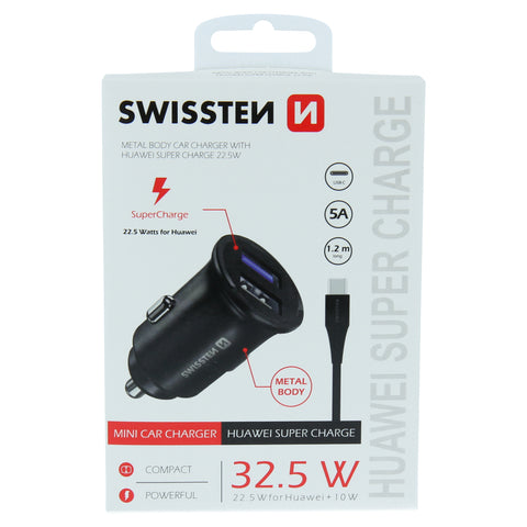 Swissten 5A SuperCharge Car Charger (32.5W) - 20116100 + Type-C USB Cable - Black