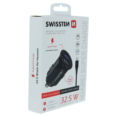 Swissten 5A SuperCharge Car Charger (32.5W) - 20116100 + Type-C USB Cable - Black