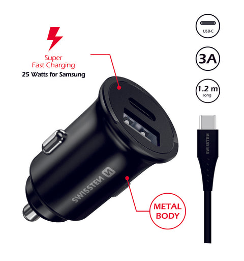 Swissten 3A Super Fast Charging Car Charger (35W) - 20117100 + Type-C USB Cable