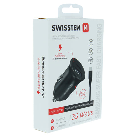 Swissten 3A Super Fast Charging Car Charger (35W) - 20117100 + Type-C USB Cable
