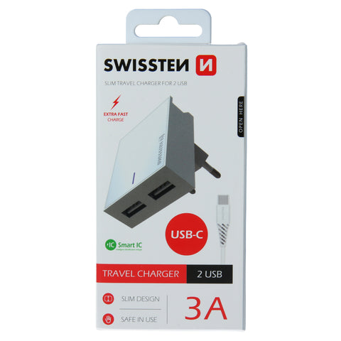 Swissten 3A Dual Travel Charger - 22043000 + Type-C USB Cable - White