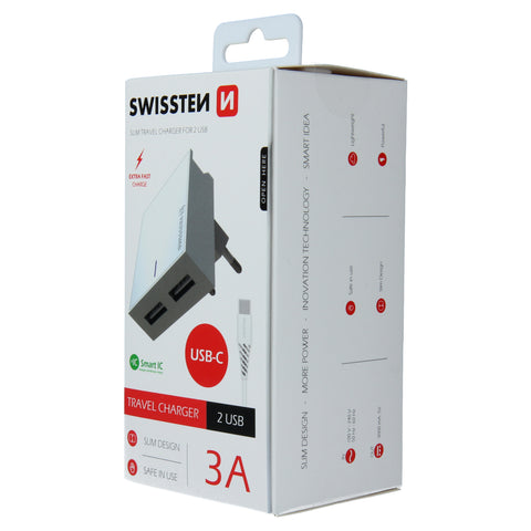 Swissten 3A Dual Travel Charger - 22043000 + Type-C USB Cable - White