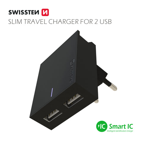 Swissten 3A Dual Travel Charger - 22044000 + Type-C USB Cable - Black