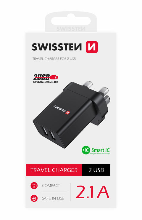 Swissten 2.1A Dual UK Travel Charger - 22045200 - Black