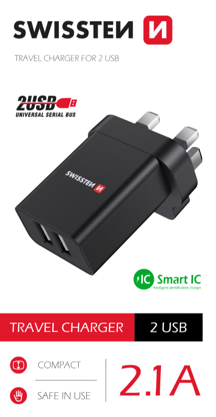Swissten 2.1A Dual UK Travel Charger - 22045200 - Black